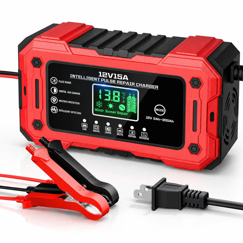 [PROMO] Cargador Inteligente 15A 12V para Auto – Carga Rápida, Repara la Batería y Mantiene su Vida Útil con Pantalla LCD